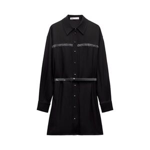 Zara Silver Studded Belted Long Sleeve Black Button Down Shirt Dress Size XS